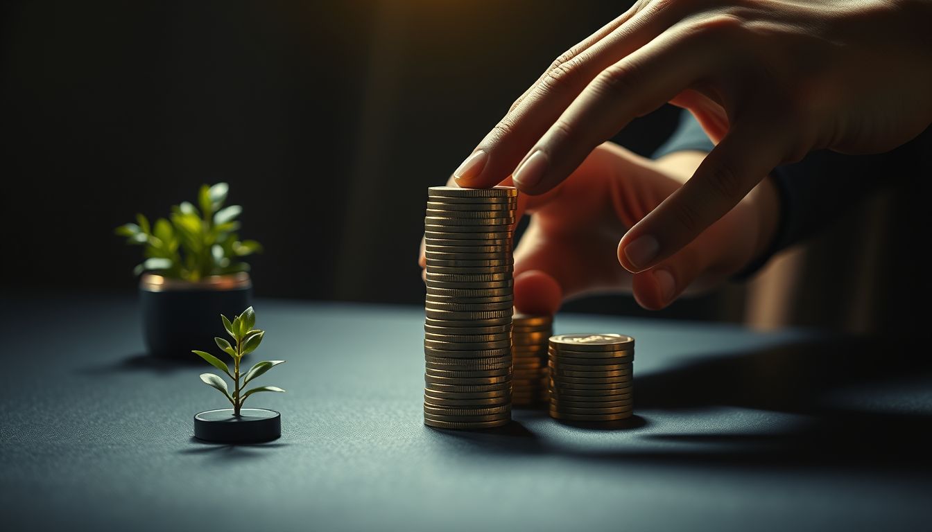 Hands stacking coins beside a plant — debt payoff plan