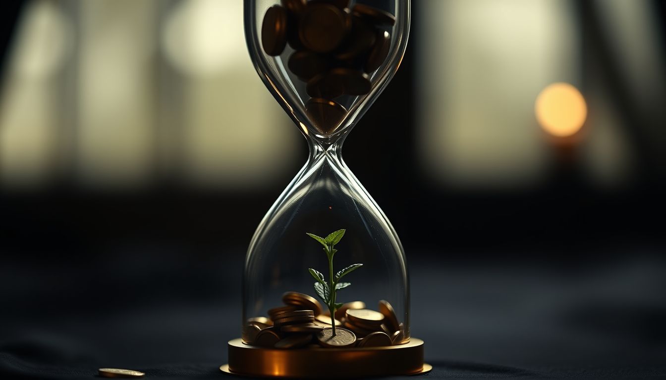 Golden hourglass releasing coins into a plant — equity release guide