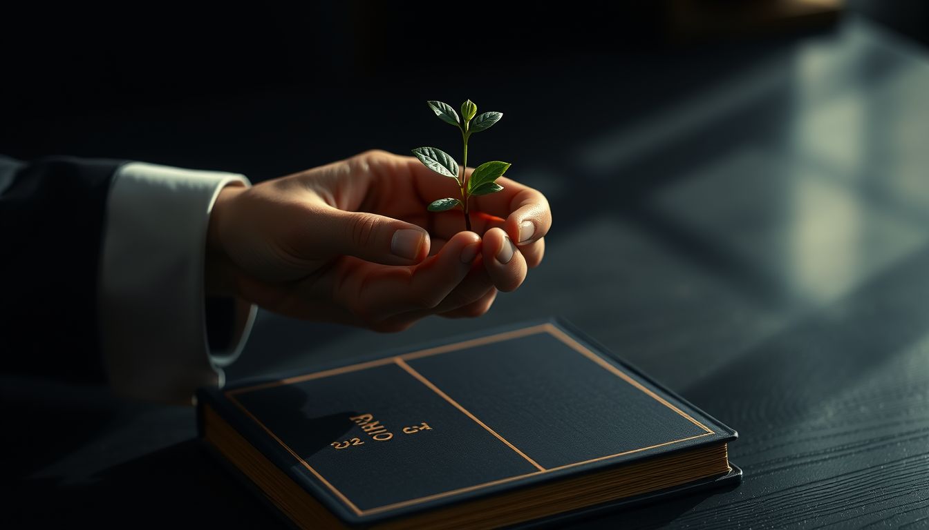 A hand holding a green sprout over a ledger — mortgage hardship help