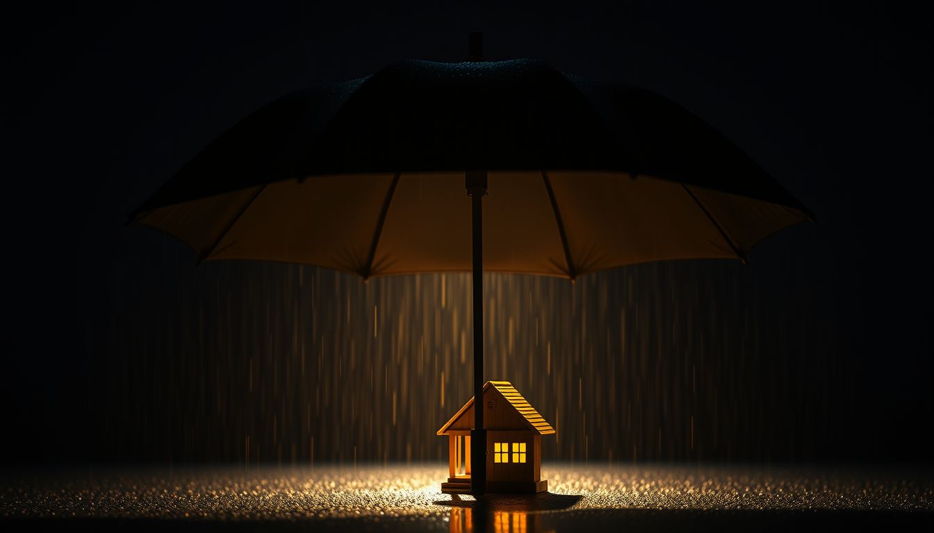 Umbrella shielding a house in golden rain — insurance guide