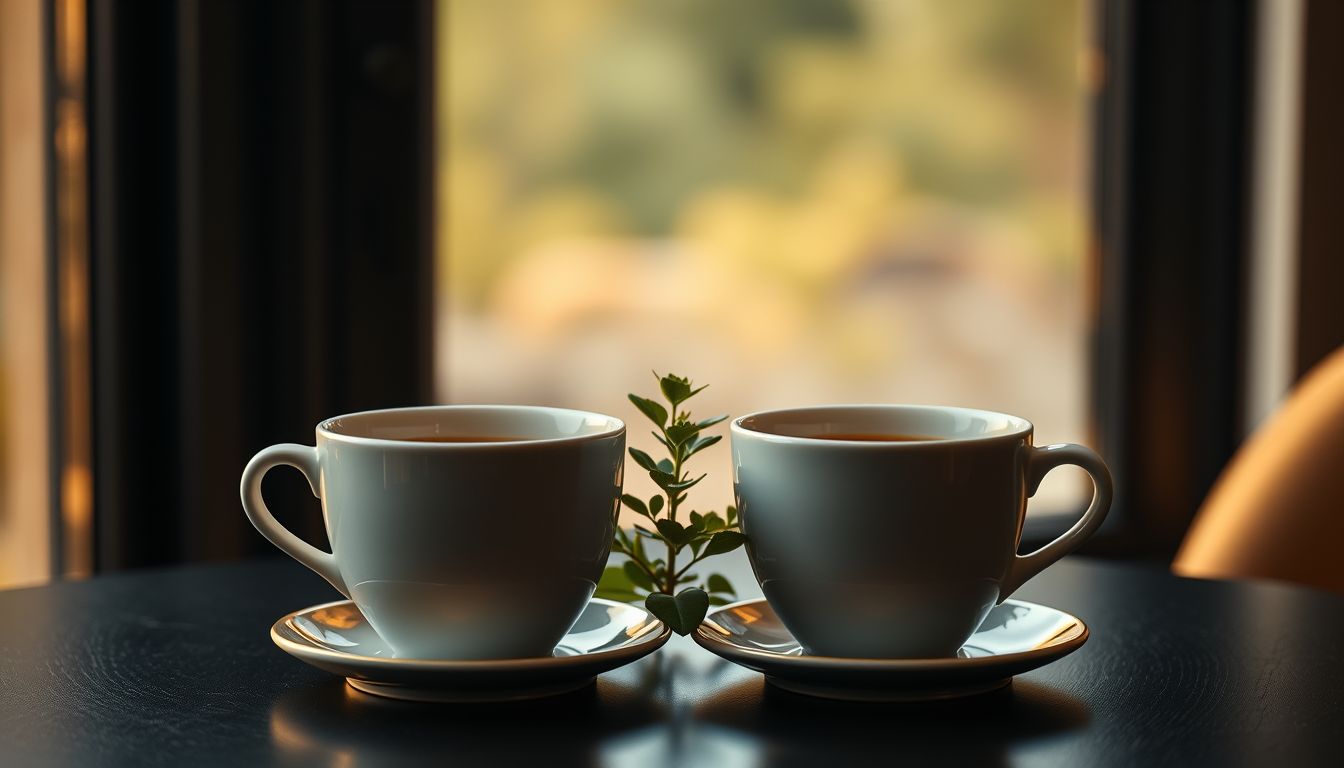 Two coffee cups with a plant — money conversations for couples