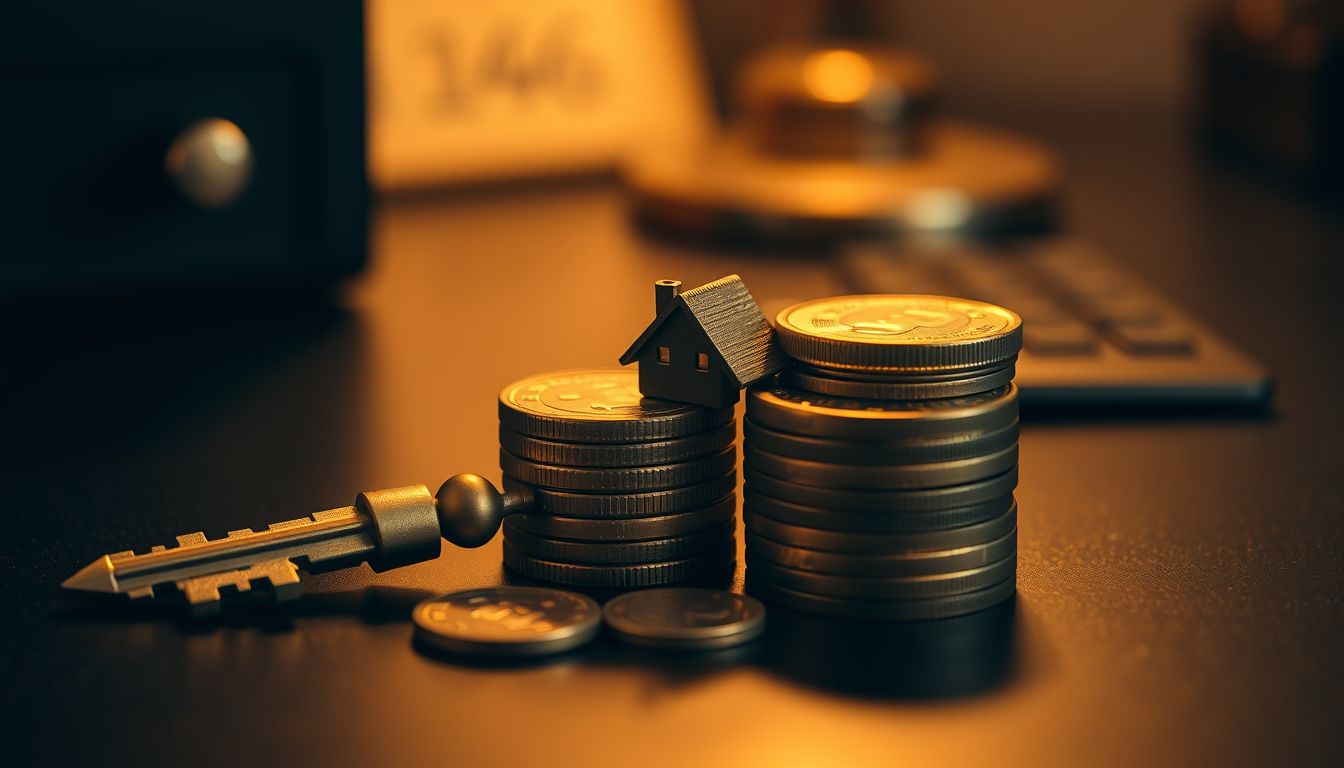 Gold house key with coins on a dark desk — home loan guidance