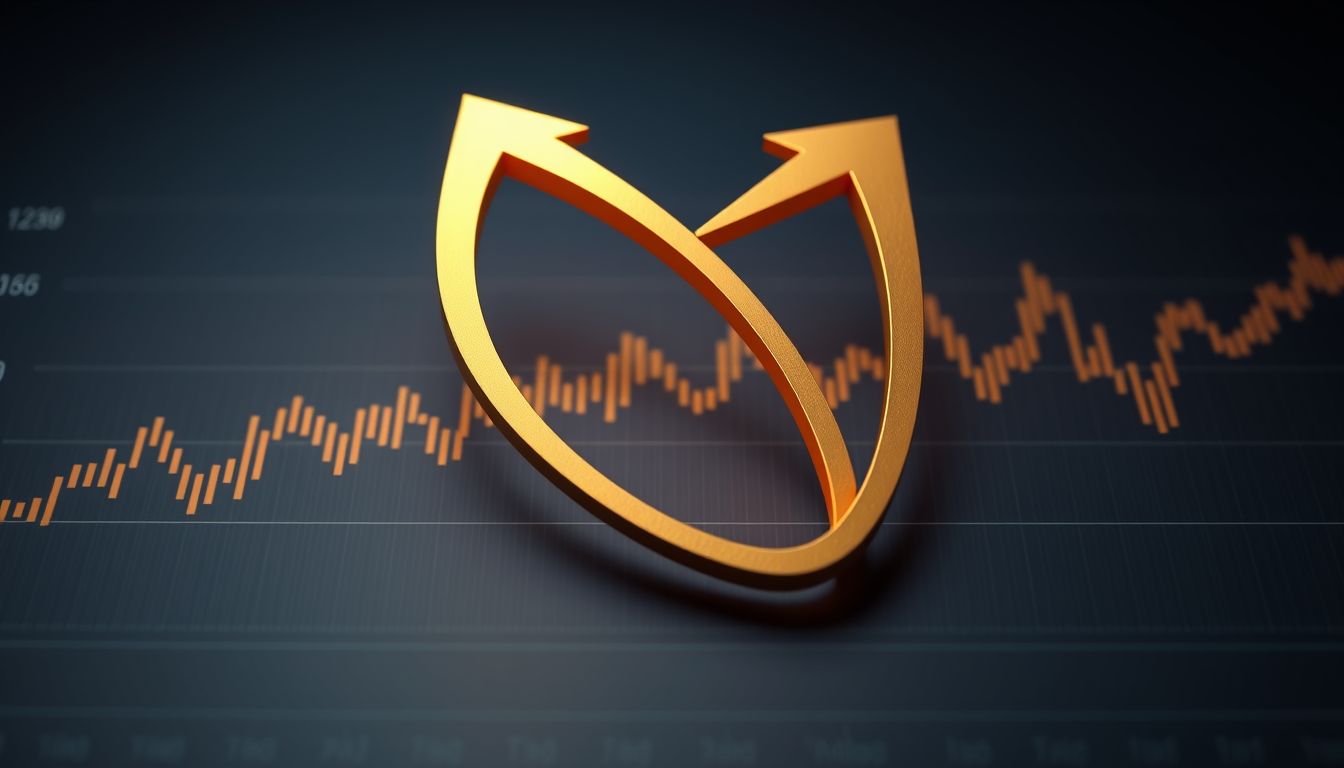 Two golden arrows in a loop over a dark chart — refinance comparison