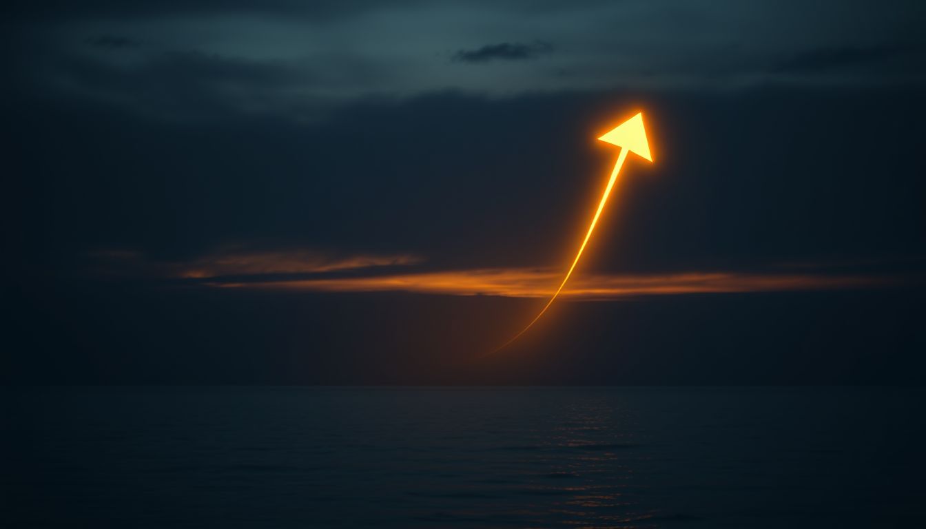 Golden rising arrow over a dark sea — retirement planning