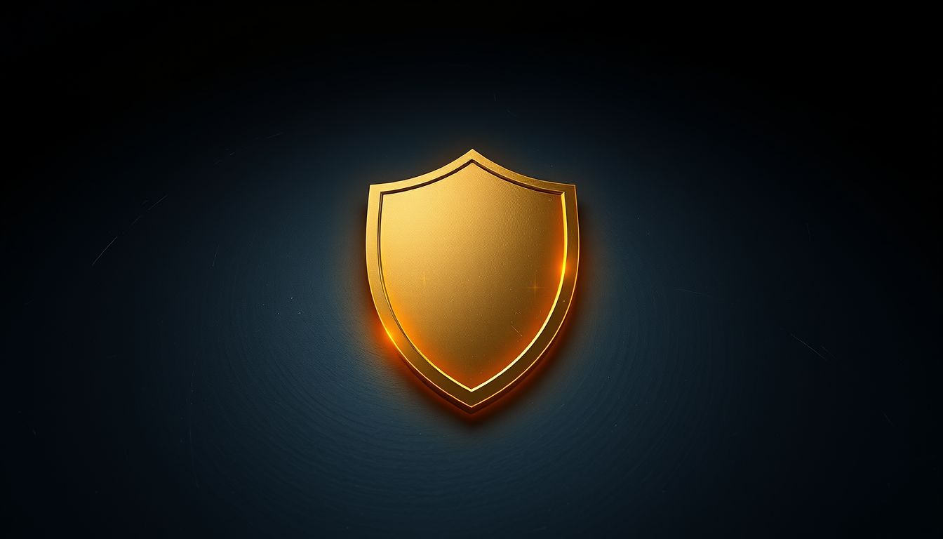 Glowing golden shield on dark slate — scam protection